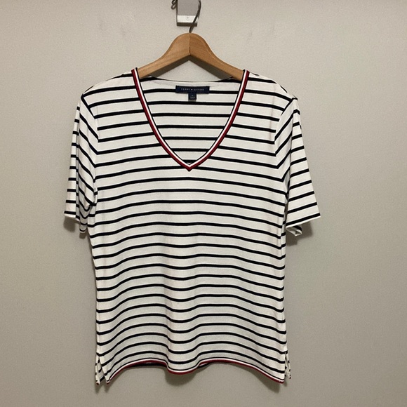 Tommy Hilfiger Tops - Tommy Hilfiger Women's Striped V-Neck Tee with Red Accents, Size Medium
